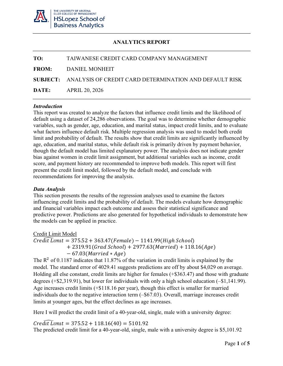 Credit Limit & Default Risk Analysis — first page